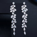 Newest CZ Zirconia Crystal Leaf Long Drop Dangle Earrings for Women Bridal Wedding Jewelry Accessories Gift MegaBDM