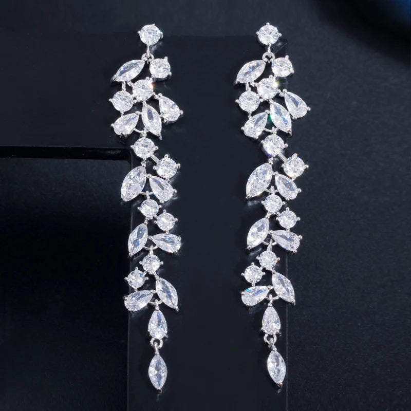 Newest CZ Zirconia Crystal Leaf Long Drop Dangle Earrings for Women Bridal Wedding Jewelry Accessories Gift MegaBDM