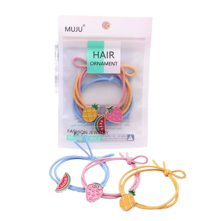 3 Piece Set MUJU Brand Spandex Material 5cm Fashion Style Fruit Pattern Bead Hair Ties for Girls Wholesale