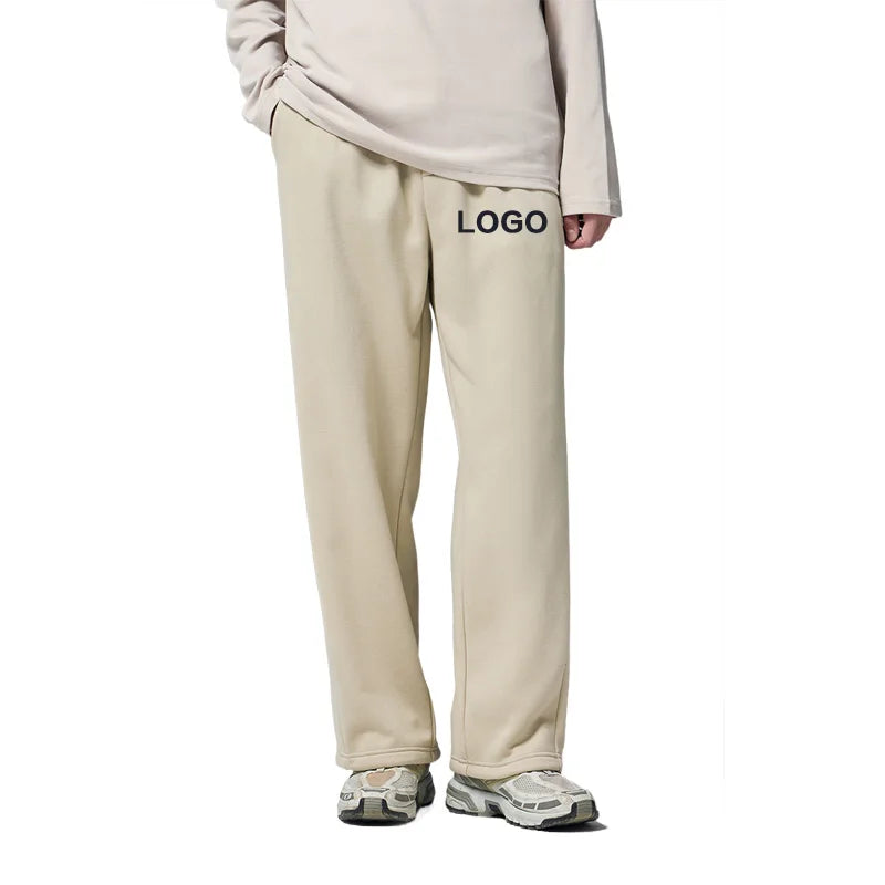 New Winter Custom Logo Women Sweatpants 325gsm One-piece Fleece Men Pants Unisex Wide Leg Sweatpants