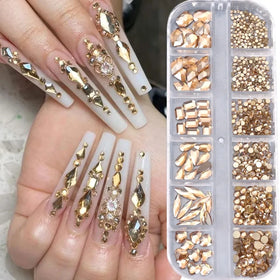 12Girds Champagne Gold Nail Art Rhinestones 1000pcs Mixed Sizes Flat-Back Luxurious Crystal Nail Art Jewelry Diamond Charms
