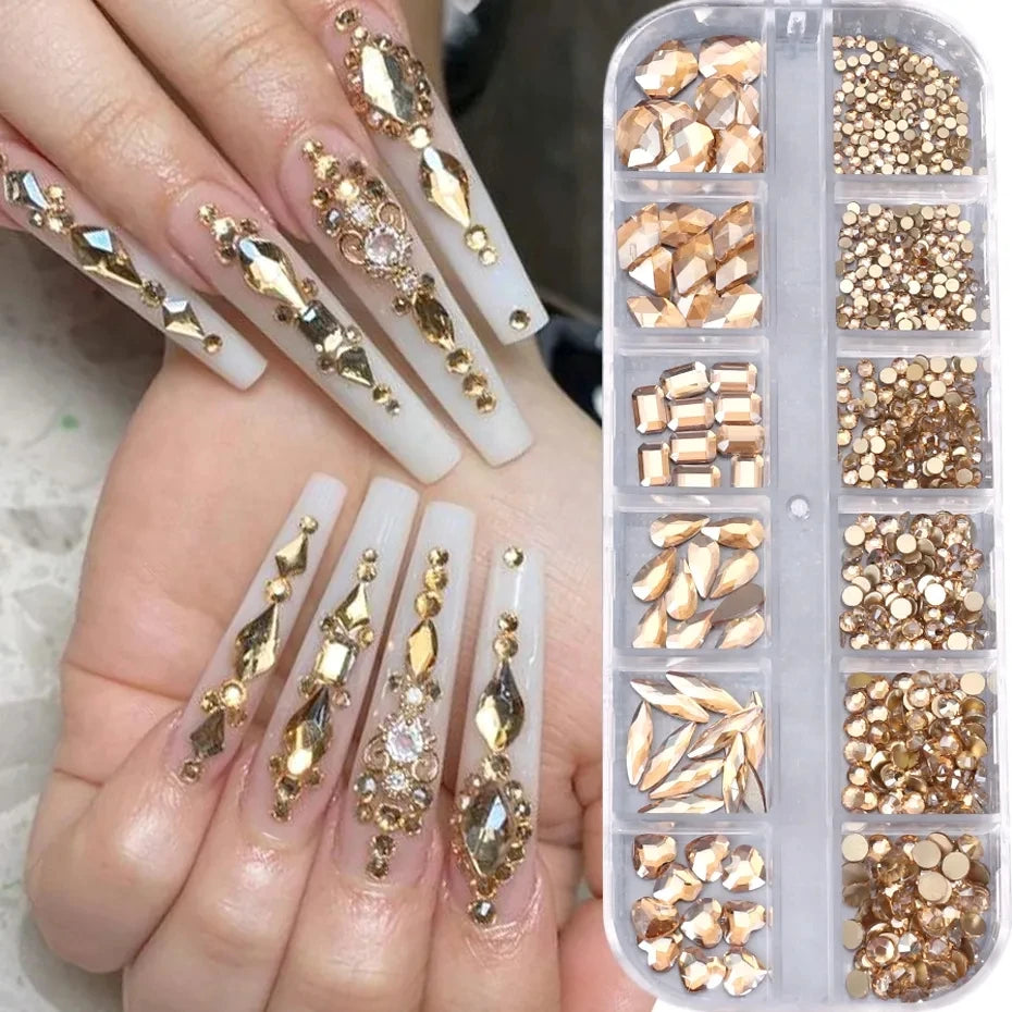 12Girds Champagne Gold Nail Art Rhinestones 1000pcs Mixed Sizes Flat-Back Luxurious Crystal Nail Art Jewelry Diamond Charms