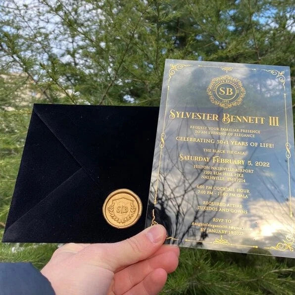 Luxury Black Velvet Envelope Plexiglass Acrylic Wedding Invitation Card With Wax Seal for Bridal Shower Carte De Mariage