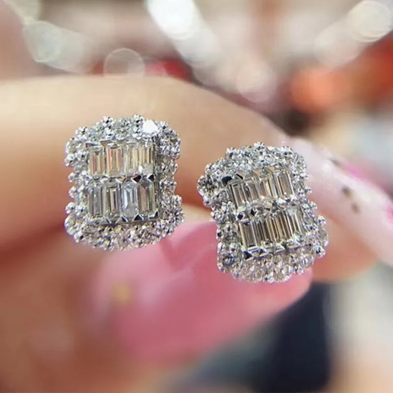 CAOSHI Hot Sale 925 Silver Plated Top Quality Sparkling Clear Round&Emerald Cut Cubic Zirconia Women Daily Wear Stud Earrings