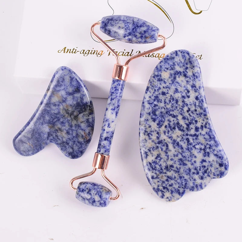 DIY Face Jade Eye Roller Guasha for Sleeping with Blue Spot jasper Sawtooth Jade Roller and Gua Sha
