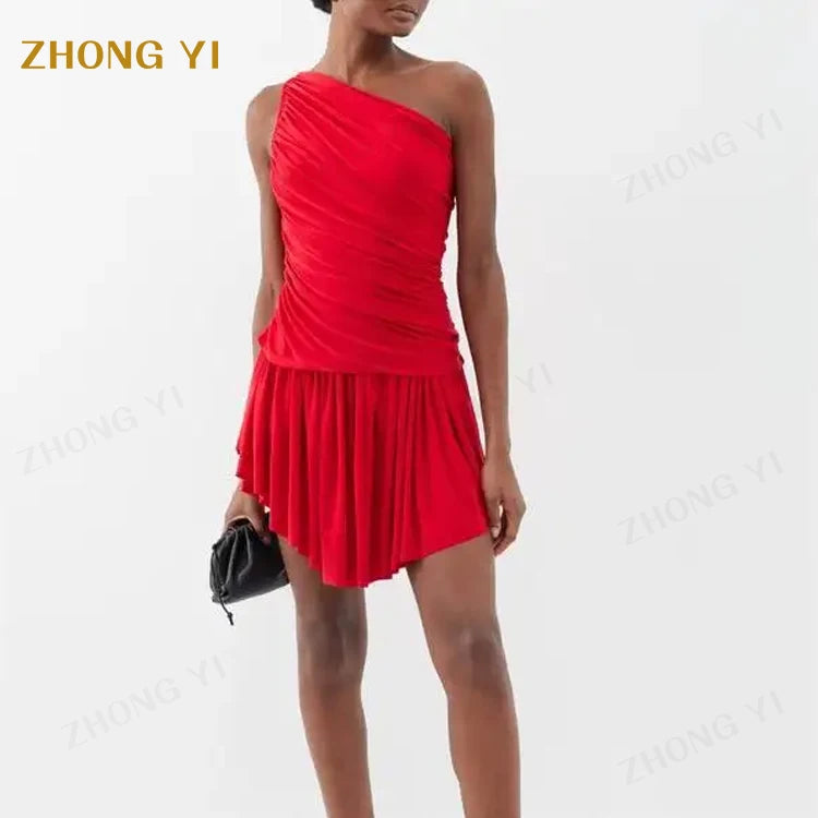 Women Clothing Manufacturers Custom Pleats One-Shoulder Jersey Irregularity Fashion Elegant Mini Party Short Dresses
