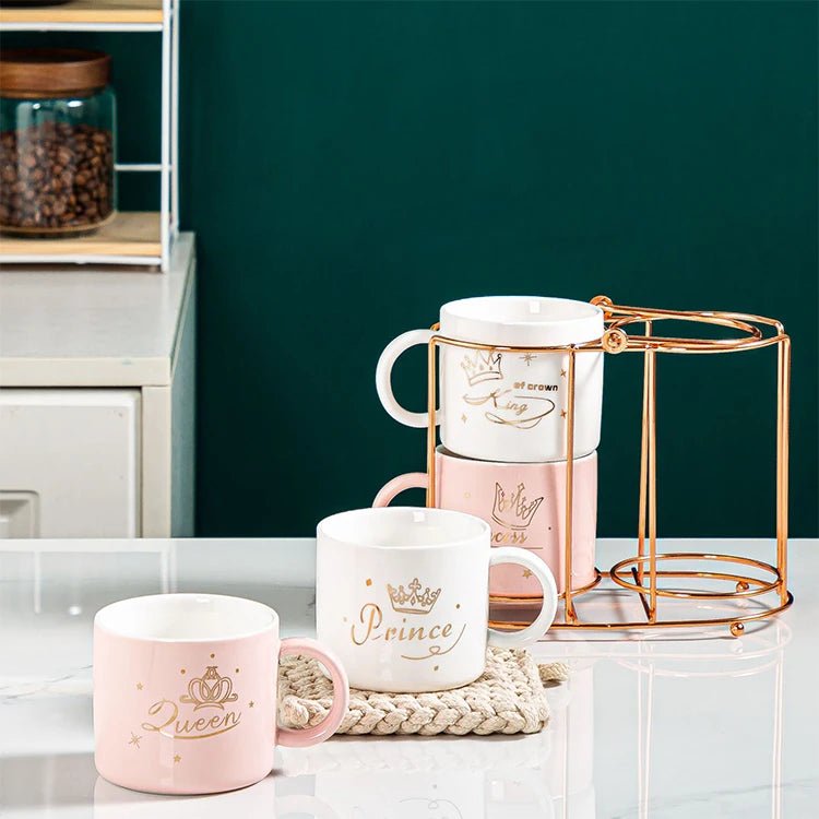Wholesale Nordic pink Gold Decals logo Stackable Ceramic Coffee Mug Espresso Cup Tea Cups Set for 4piece with Metal Rack