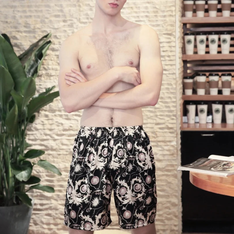 Summer Mens Printed Satin Sleepwear Night Underwear Boxers Shorts Pants Casual Loose Underpants Sleepwear  Men Sleep Underwear