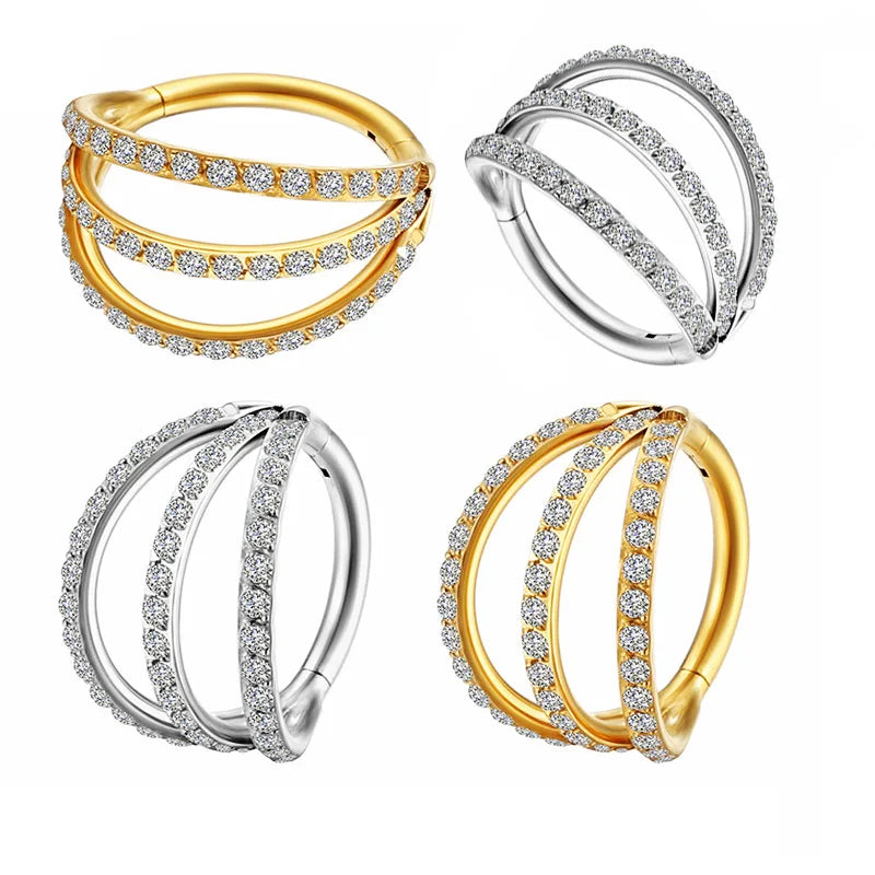 Fashion 316L Titanium Steel Three-Row Zircon Nose Ring Septum Earrings Gold Plated Women's Jewelry Piercing for Weddings