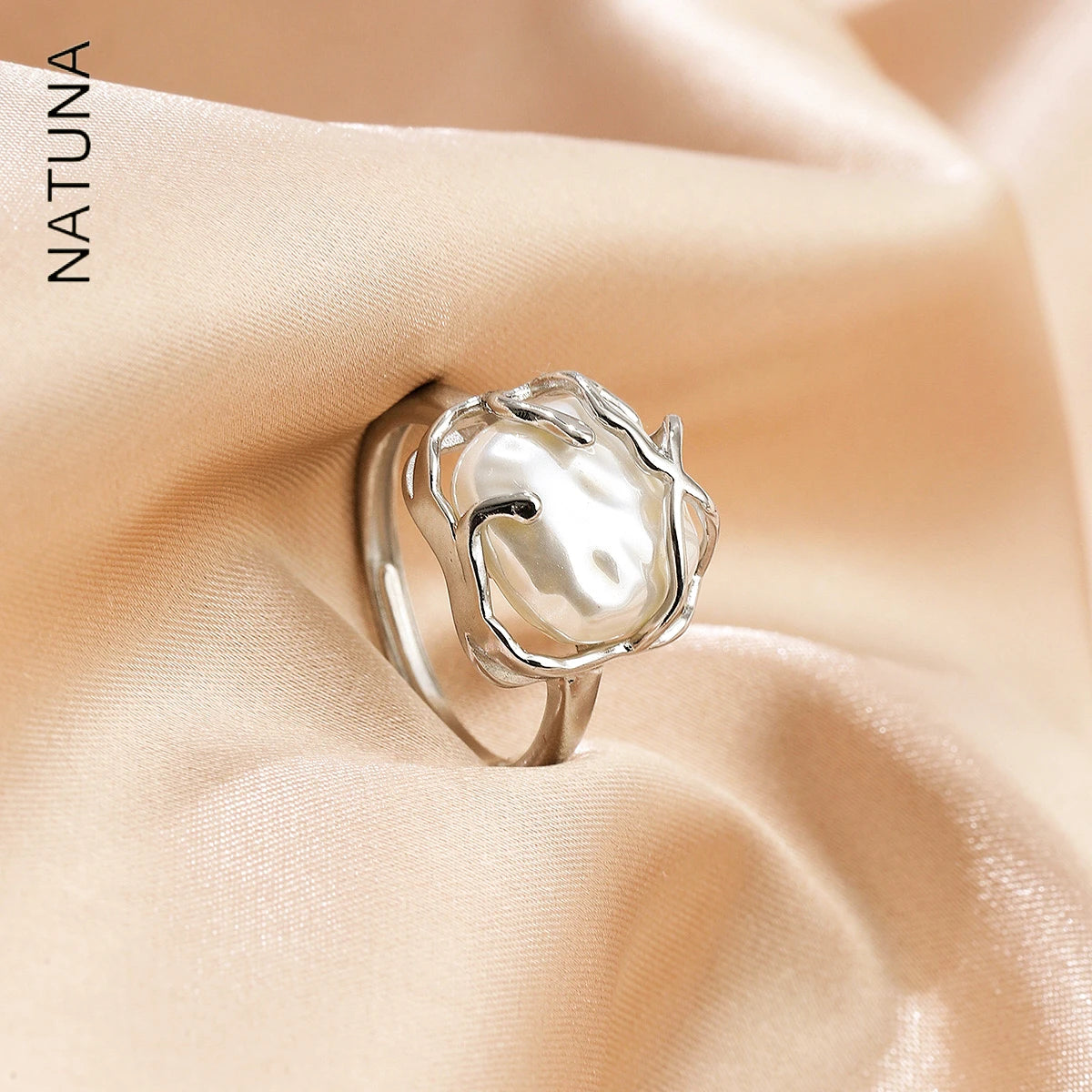 NATUNA Opal Pleated Ring Elegant Design Square Sterling Silver Pearl Promise Custom Rings 925