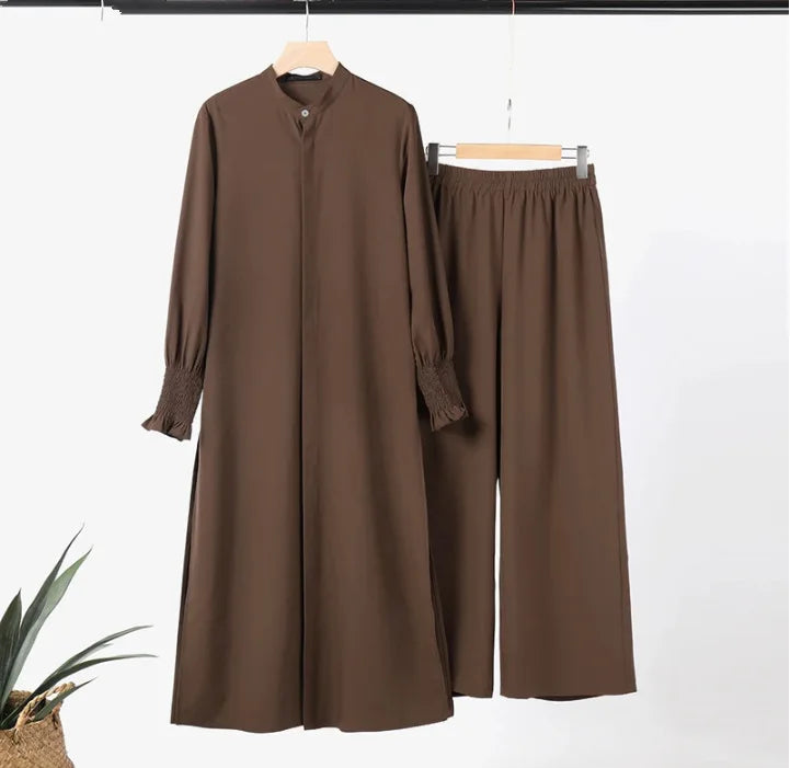 Chinlon Solid Dubai Eid Abaya Women's Casual Dress Hot Style Long Sleeve Muslim Clothing Loose Pants Plus Size Seamless Design
