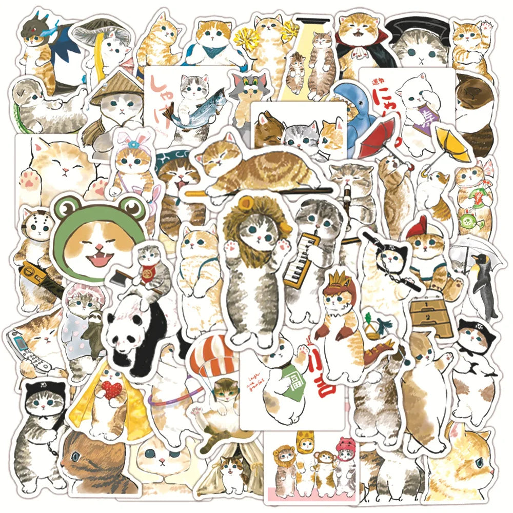 50Pcs Cartoon Watercolor Cat Cute Decorative Sticker for Notebook Wall Laptop Vinyl Pet Kitty Bohemian Style Stickers