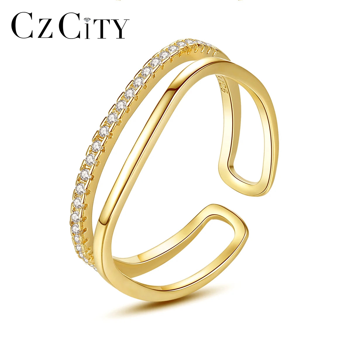 CZCITY Trendy Popular Women Jewelry 925 Sterling Silver Adjustable Rings Gold Plated CZ Stackable Double Layer Minimalist Ring