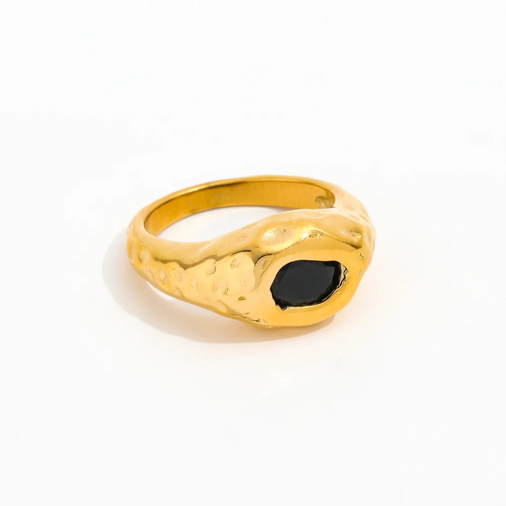 High End 18K Plain Gold Irregular Black Zirconia Chunky Rings Stainless Steel Trendy Simple Gold Plated Jewelry
