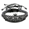 Punk Men's Luxury 3pcs/set 18k Gold Crystal Bangle Set Copper Numbers Engraved CZ Crown Braided Macrame Leopard Panther Bracelet