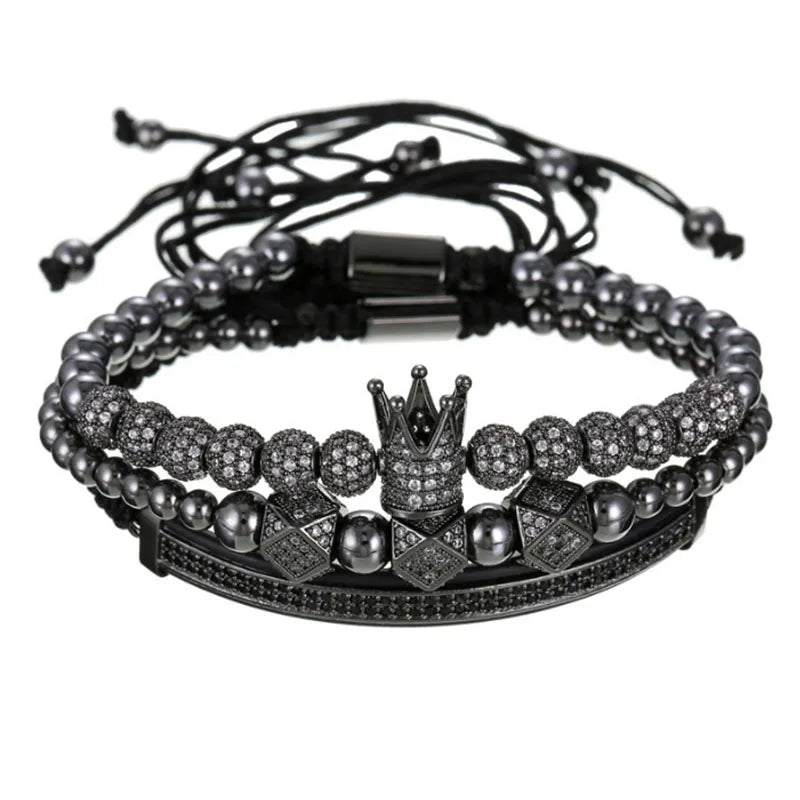 Punk Men's Luxury 3pcs/set 18k Gold Crystal Bangle Set Copper Numbers Engraved CZ Crown Braided Macrame Leopard Panther Bracelet