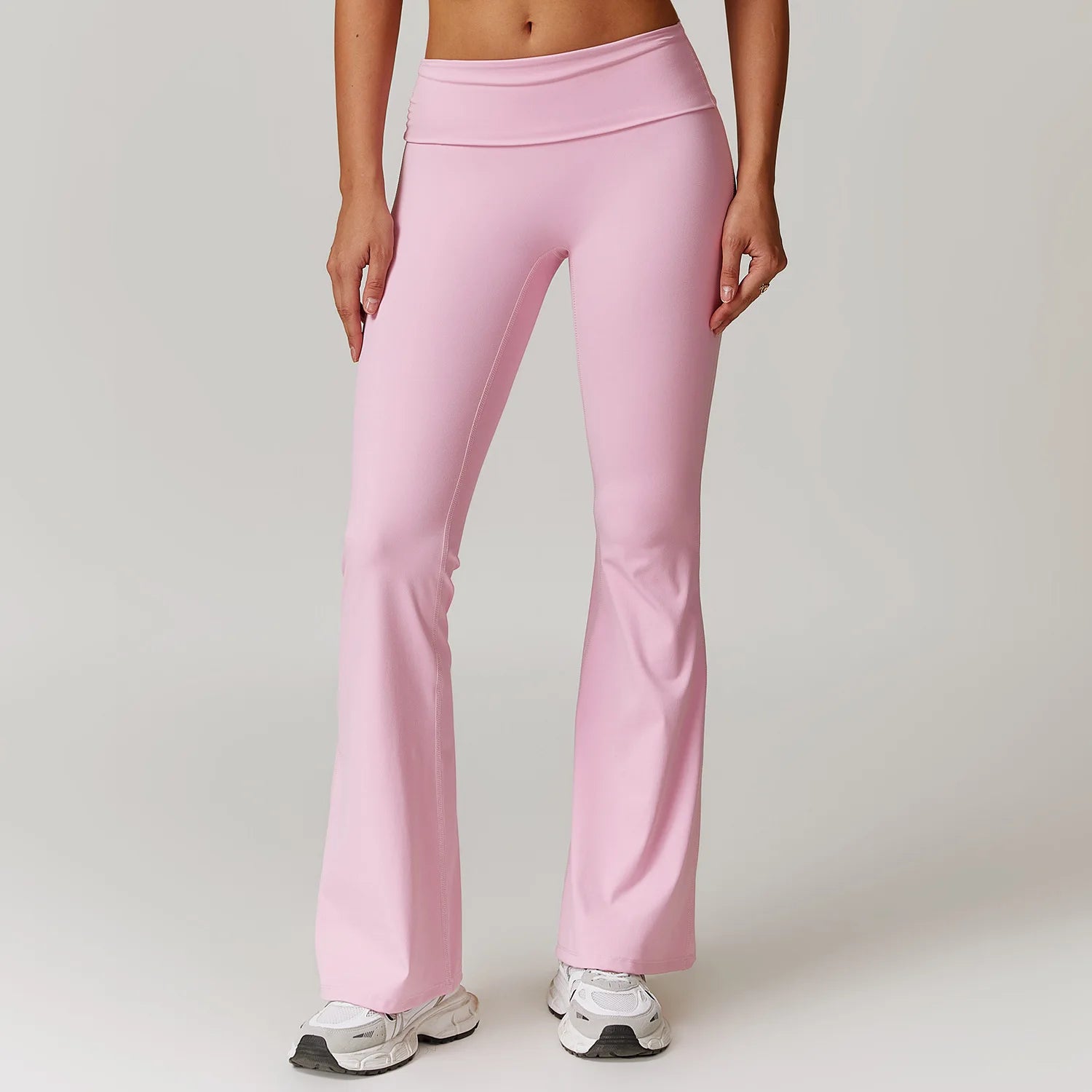 Custom Logo Ladies Sports Gym Pants High Waist Flared Active Stretch Fitness Yoga Pants with Solid Pattern Folded Style