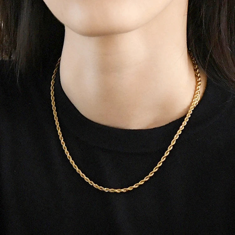 High Quality Waterproof Tarnish Free Jewelry 16 18 20 Inches 18K Gold Plated Stainless Steel Twisted Rope Link Chain Necklace