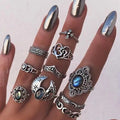 Vintage Blue Heart Stars Moon Ring Set 10pcs Antique Silver Geometric Knuckle Joint Finger Rings Trendy Women's Jewelry