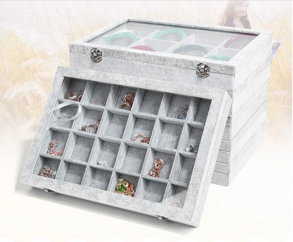 Custom Glass Velvet Jewelry Tray Box Ring Necklace Earrings Storage Boxes Organizer Velvet Jewelry Box with Dust Proof Lid