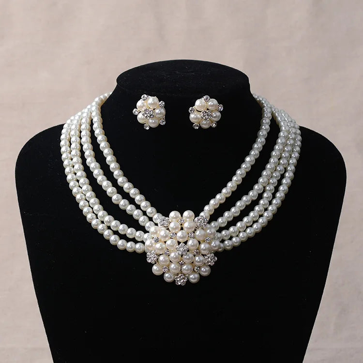 Fashionable Exaggerated Multilayer Imitation Pearl Choker Earring Jewelry Set Bridal Necklace Dress Accessories for Women's