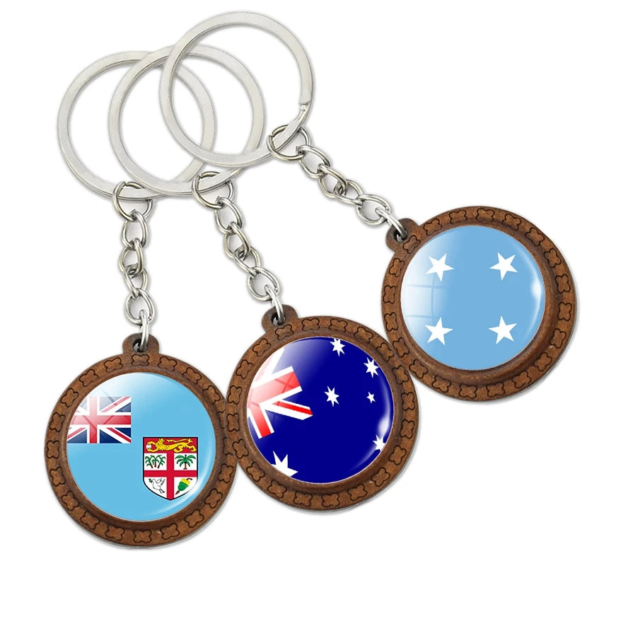 New Key Chain Australia Nauru Vanuatu Tonga New Zealand Tuvalu Kiribati Fiji Samoa Palau Glass Wood Keychain Flag Souvenir