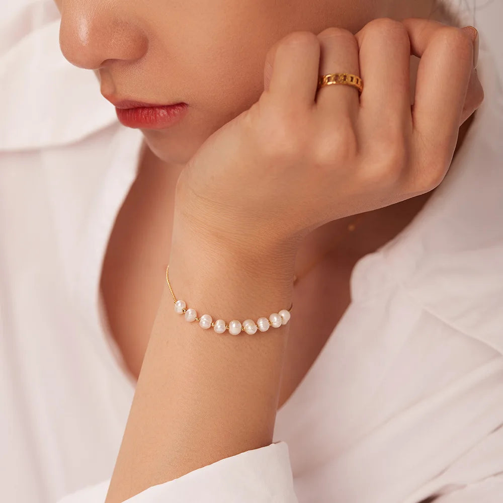 Freshwater Pearl Stainless Steel 18k Gold Plated Chain Bracelet Women Girly Elegant and Soft  Bracelet Bangles