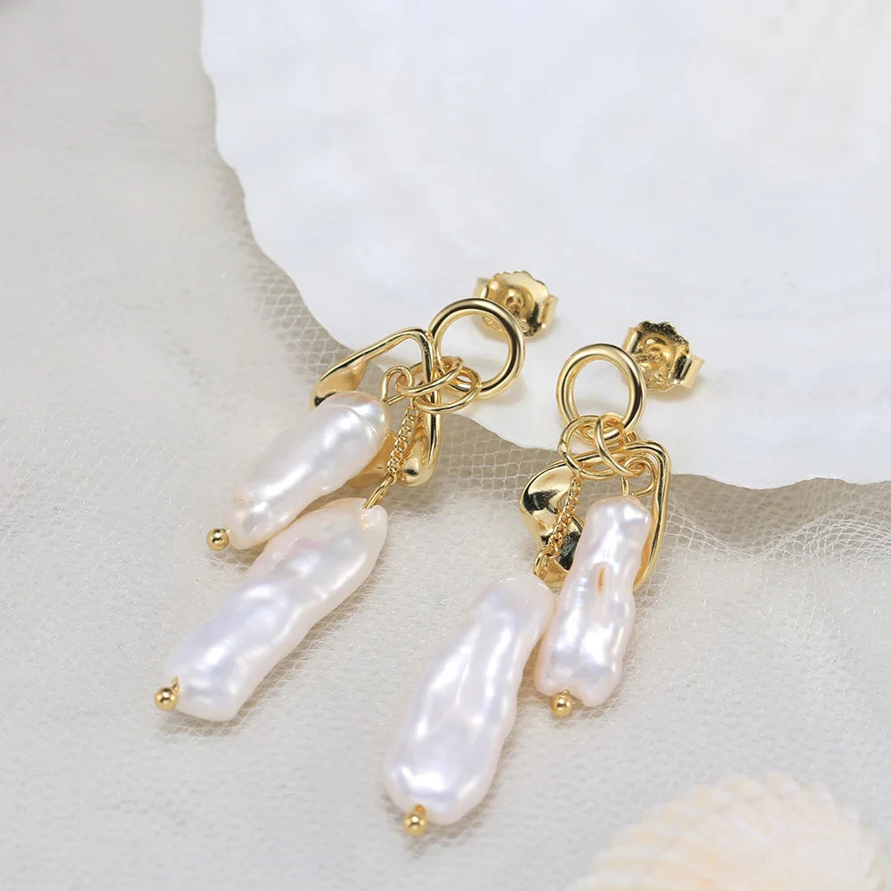 RINNTIN GPE86 14K Gold Plated Luxury Biwa Pearl 925 Sterling Silver Jewelry Natural Irregular Pearl Earring for Women
