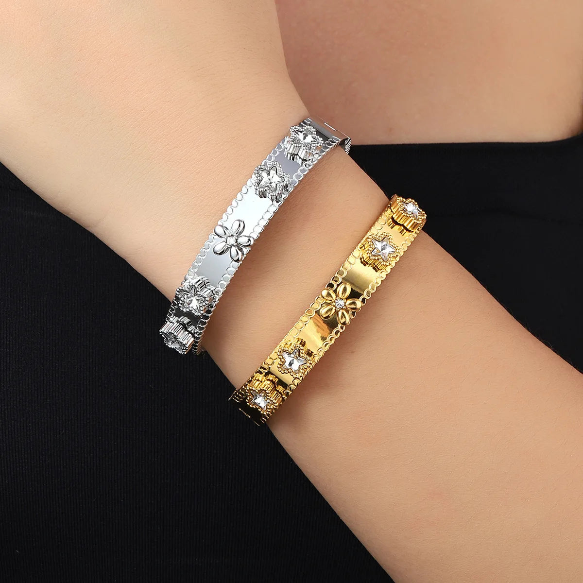 Hotselling JUJU Simple Fashion 18K Gold Plated Stainless Steel Zircon Certified Cuff Bangle Bracelet for Women Gifts