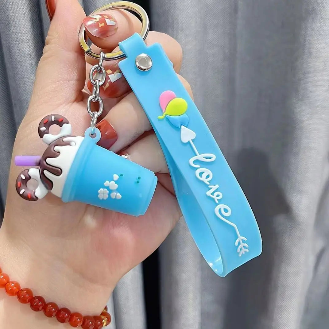 Wholesale Kids Girls Gifts Kawaii Cute Cartoon Milk Tea Boba Bag Pendants Keychain 3D PVC Ice Cream Food Milk Tea Key Chains