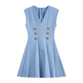 2025 Wholesale Customized Label Ladies Summer V-neck Metal Button Slimming Fashion Knitted Sleeveless Dress Sweater Knit Dress