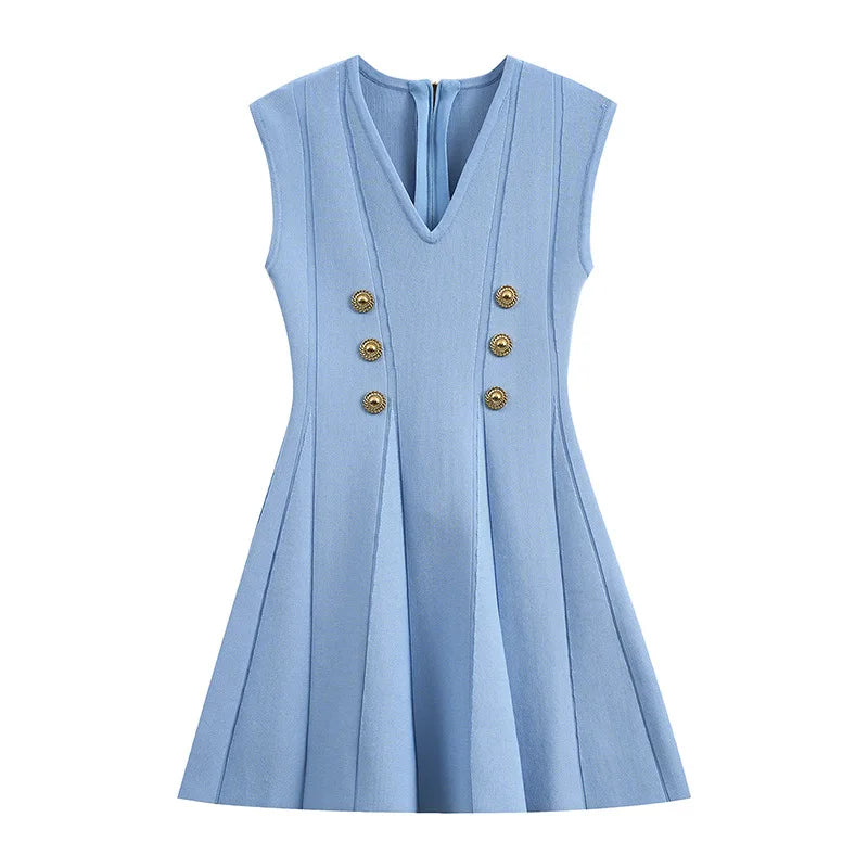 2025 Wholesale Customized Label Ladies Summer V-neck Metal Button Slimming Fashion Knitted Sleeveless Dress Sweater Knit Dress