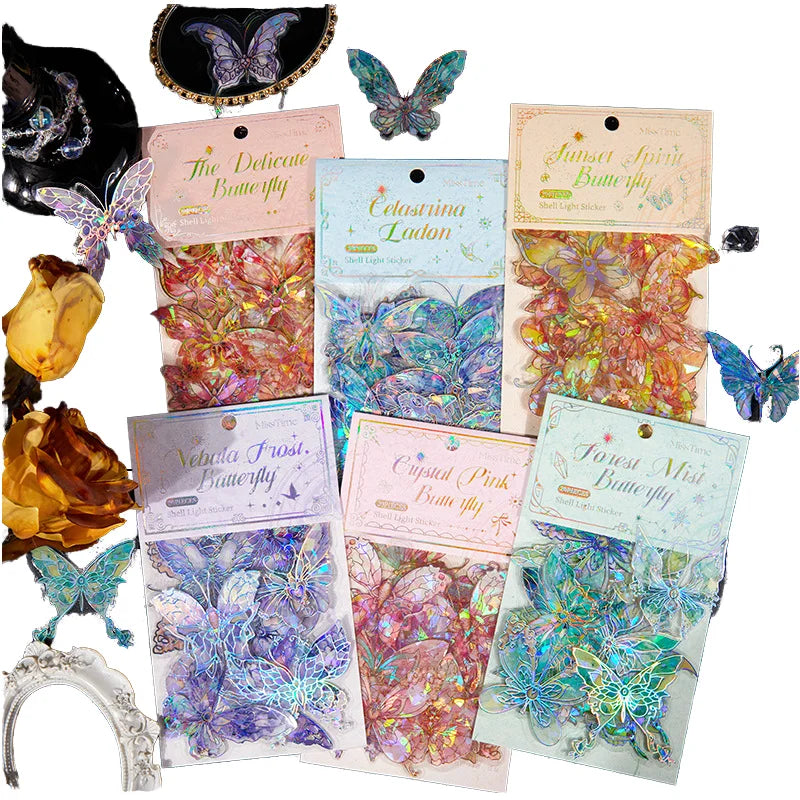 20pcs Ice Crystal Pink Butterfly Stickers Anime Style Journal Decorative Source Material with 6 Models