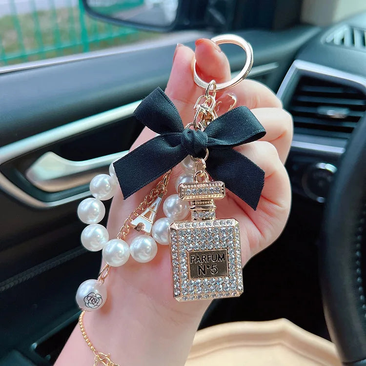 Diamond BowKnot Pearl Beads Keychain Metal Perfume Bottle Bag Charm for Women's Handbag Purse Car Key Ring Girls' Keychain