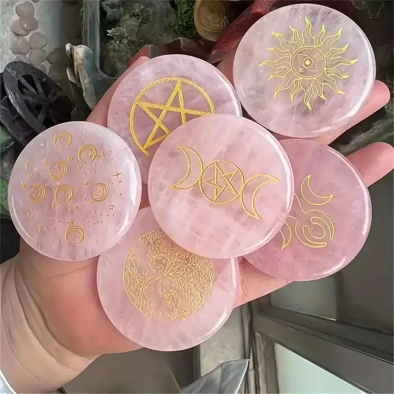 Polished 5cm Diameter Rose Quartz Healing Crystal Stone Beautiful Feng Shui Home Desk Decor Gift Golden Symbol for Divination