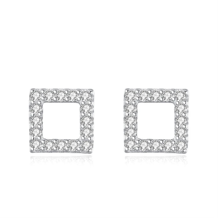 Trendy 925 Sterling Silver Full Diamond square Shape Women Simple Fashion Geometric Stud Earrings