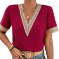 Summer Casual Knitted V-Neck Lace Regular Fit Short-Sleeved Hollow Out Tops for Women