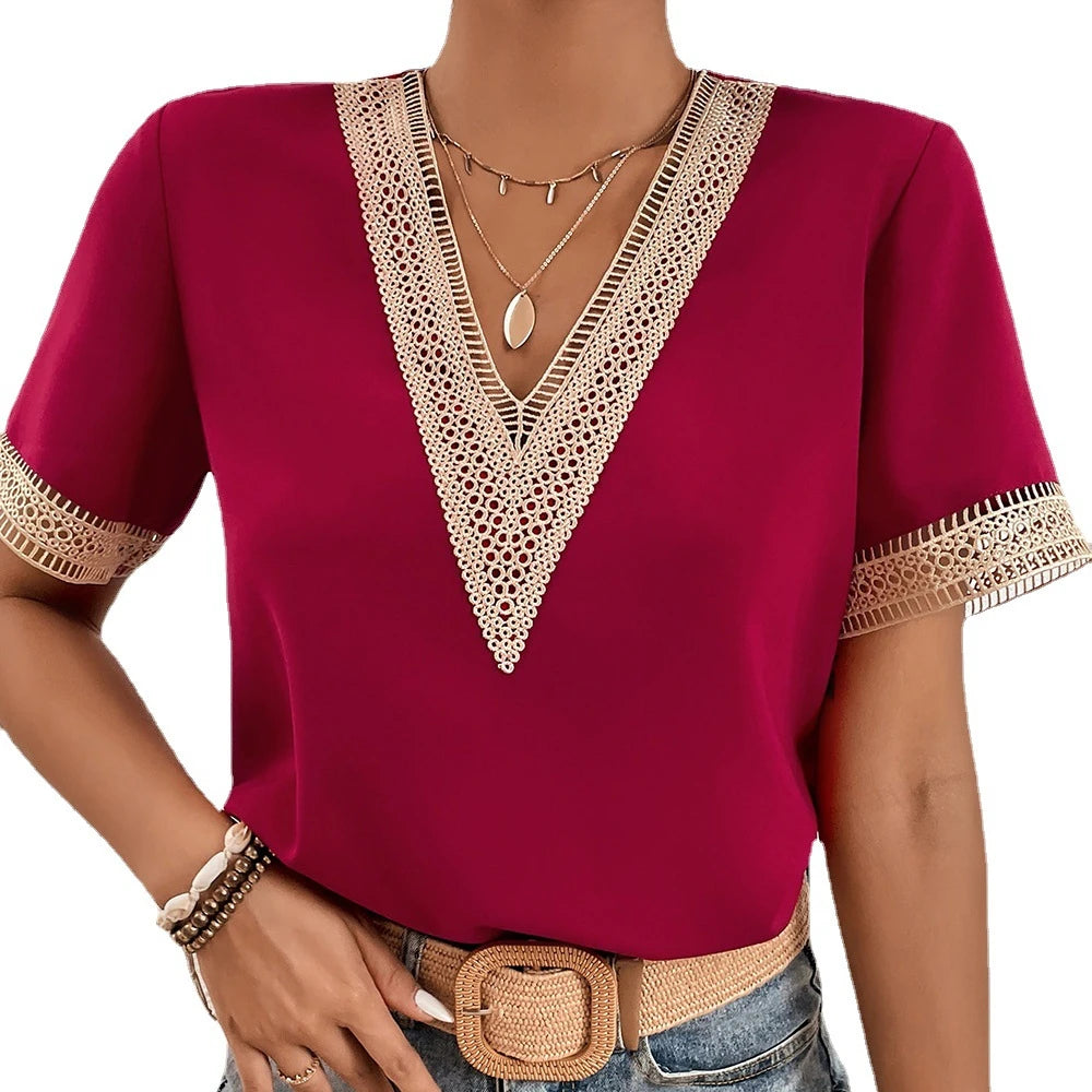 Summer Casual Knitted V-Neck Lace Regular Fit Short-Sleeved Hollow Out Tops for Women