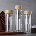Custom Logo Double Wall Glass Bottles Tea Fruit Filter Infuser Water Bottle with Bamboo Lid