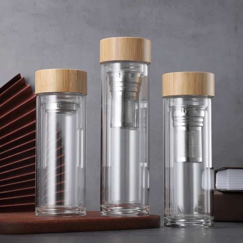Custom Logo Double Wall Glass Bottles Tea Fruit Filter Infuser Water Bottle with Bamboo Lid