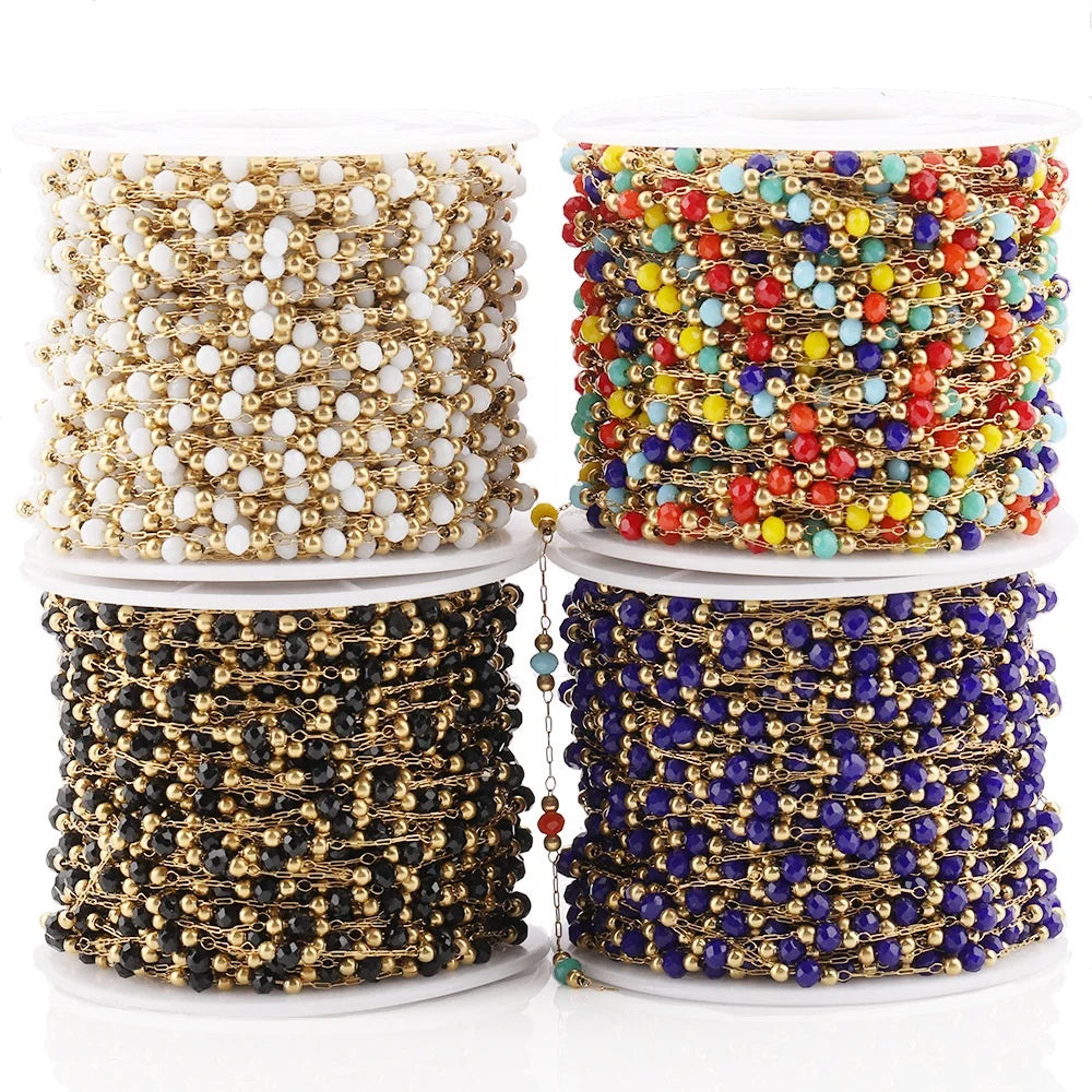 PVD Gold Plating Stainless Steel 3mm Crystal Glass Beads Chain Roll for Ball Chain Necklace & Bracelet Making