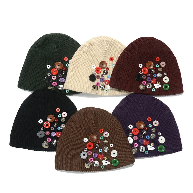 Wholesale Button Design Warm Earmuffs Custom Knitted Gorras Beanie Hat for Adults