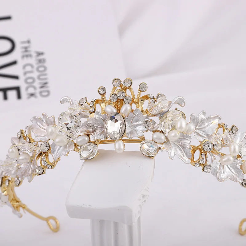 Hot Sale Bride Crown Headwear Alloy Rhinestone Pearl Leaf Handmade Crown Tiara Hair Accessories for Women Girls