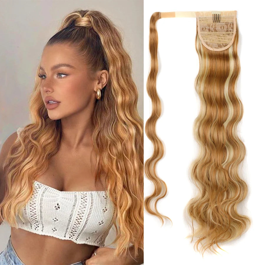 Long Body Wave Magic Paste Heat Resistant Synthetic Hair Extension Wavy Curly Wrap Around Ponytail for Women Black Hairpiece
