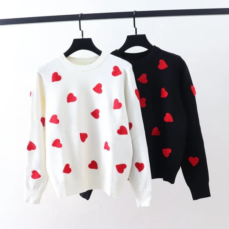 One Size Red Heart Embroidered Round Neck Long Sleeve Knitted Shirt for Women's Outerwear and Underlay Sweater