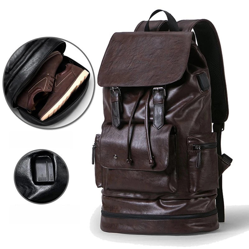 2022 Multifunctional Waterproof USB Charging Luggage Bag Flip Business Travel Men's PU Leather Backpack