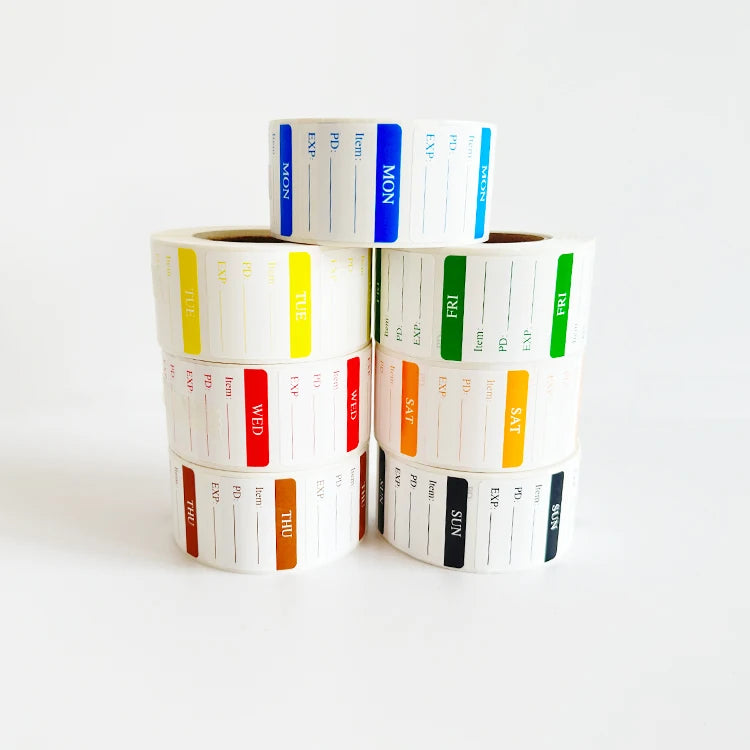 Days Week Stickers Square Glossy Food Adhesive Paper Labels for Refrigerator Food Storage Date Labeling Monday Sunday Grocery