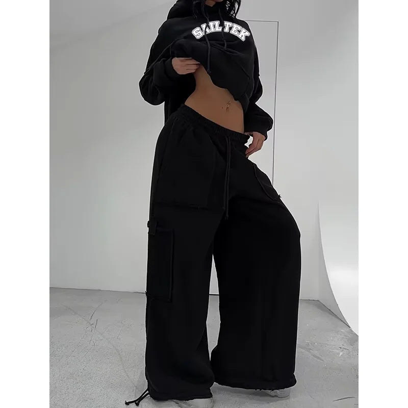 2026 Women's Clothing Elegant Sets for Women Latest Design Tracksuit Custom Fleece Two Piece Wide Leg Pants and Hoodie Set