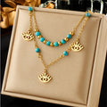 Stainless Steel Double Chain Blue Turquoise Eye Star Pendant Necklace Bracelet for Women Girl New Beaded Clavicle Chain Jewelry
