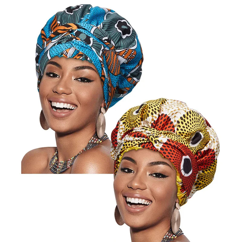 HZO-18193 Satin Bonnet Double Layer African Print Head Scarf Headwraps Turban Hat With Long Ribbon for Women Sleeping